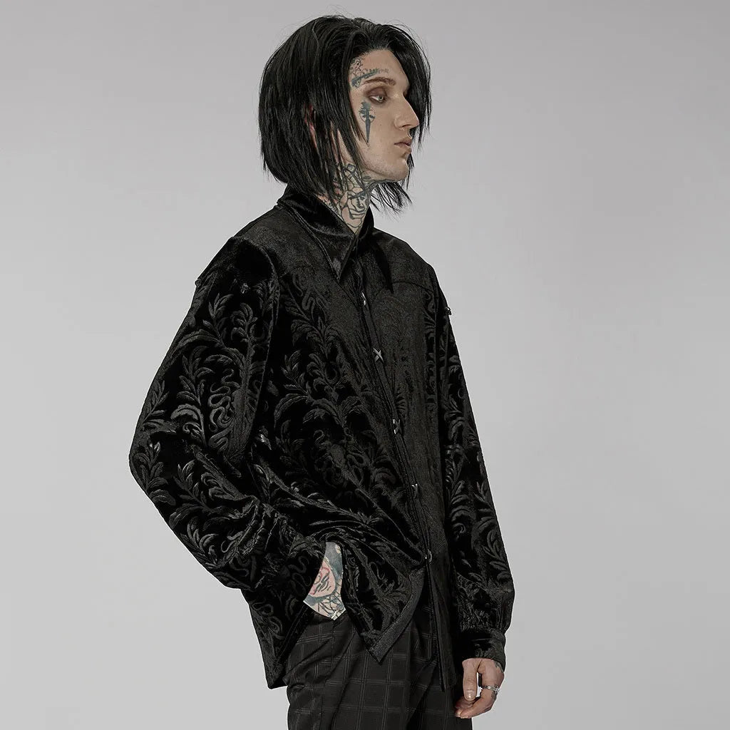 Black men's long sleeve velvet shirt with pointed collar and gothic preppy style detailing.