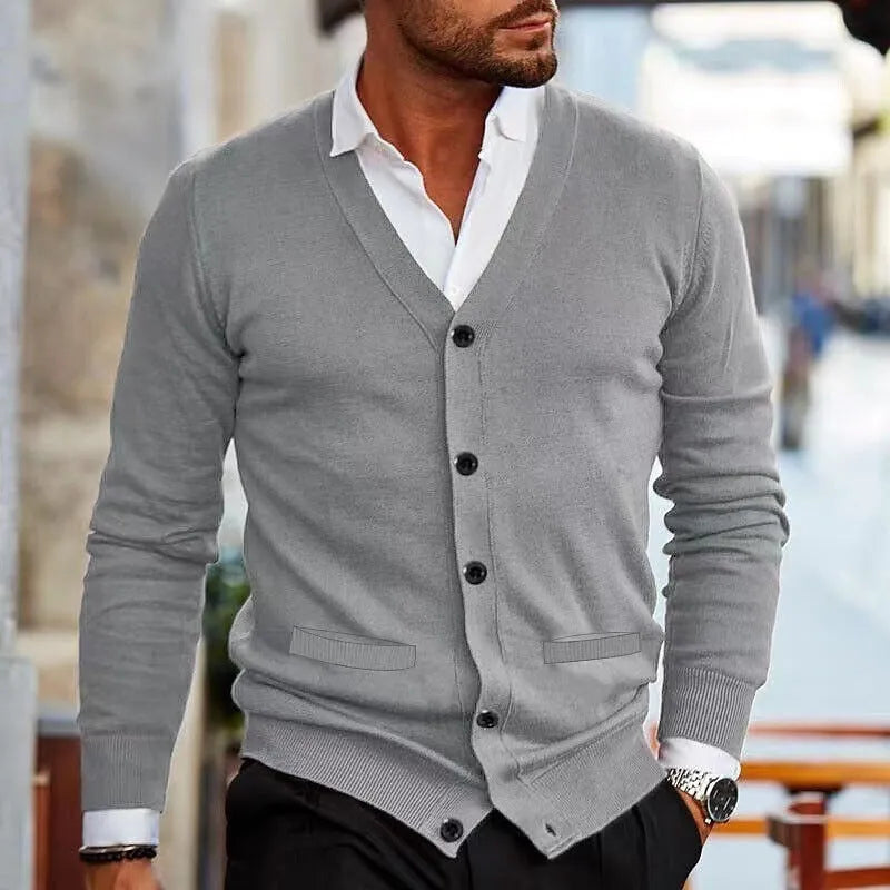 Men's slim fit acrylic cardigan in wine red colour, shown as an autumn sweater coat.