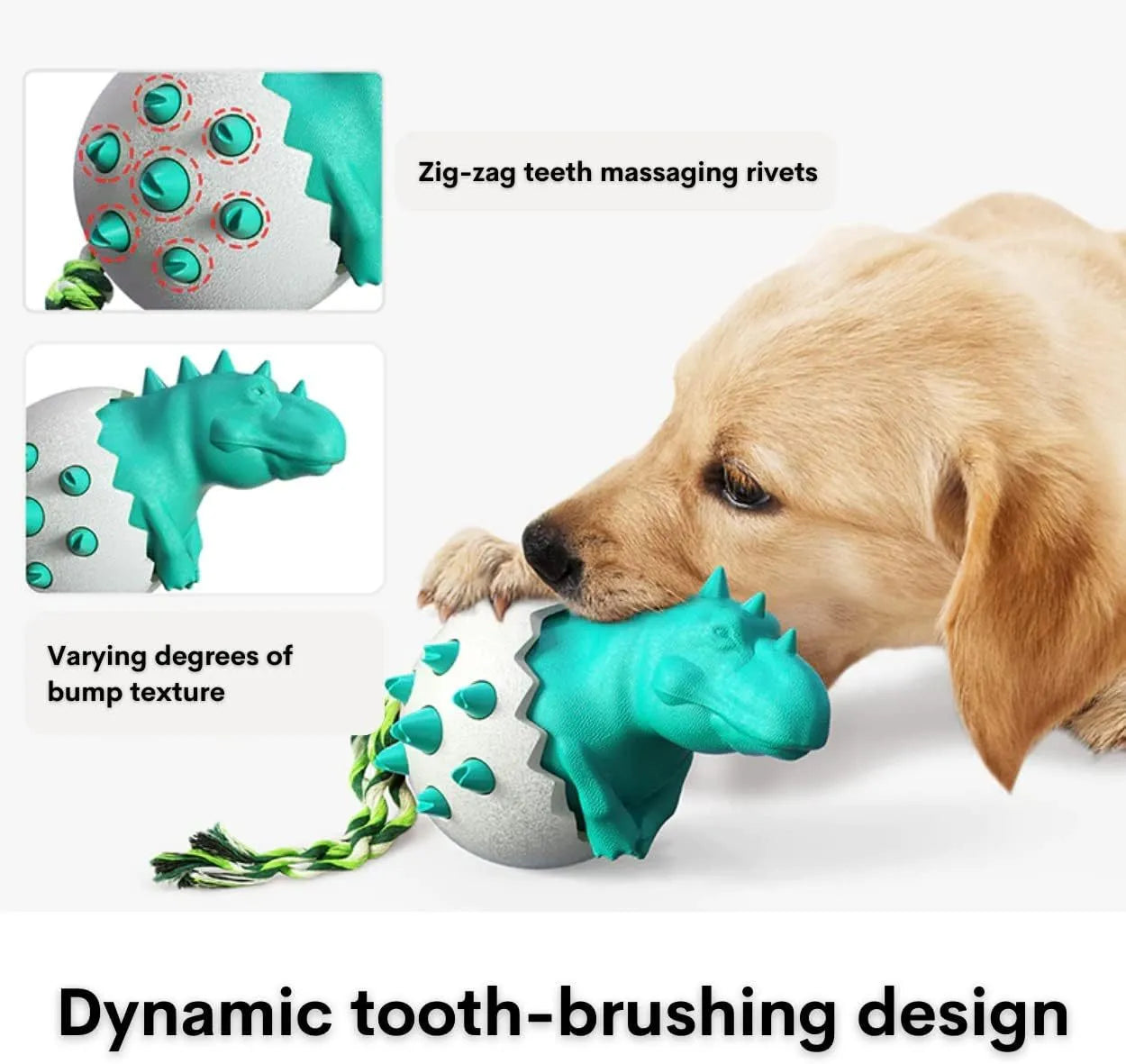 Blue durable rubber dinosaur dog chew toy with rope for aggressive chewers