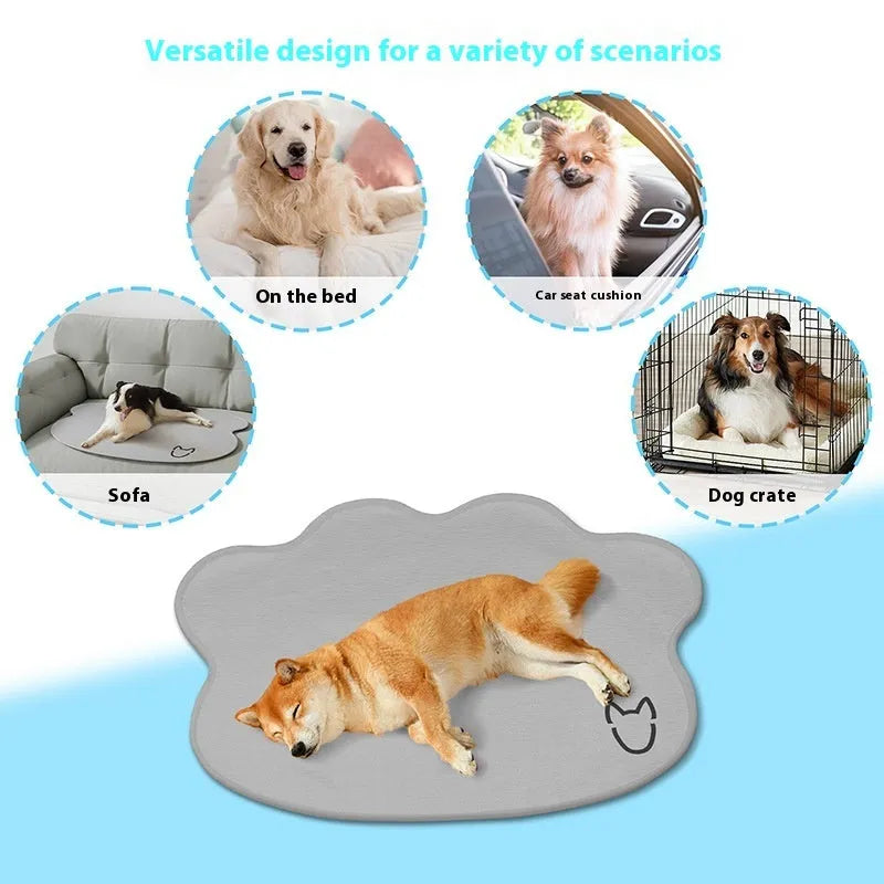 Ice silk pet cooling mat in dog head shape with non-slip base, available in multiple sizes and colours for summer relief