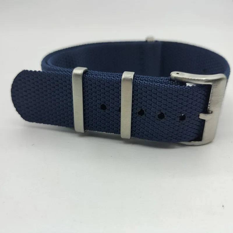Woven nylon integrated watch strap in Army Green colour, showing 20mm and 22mm width options.