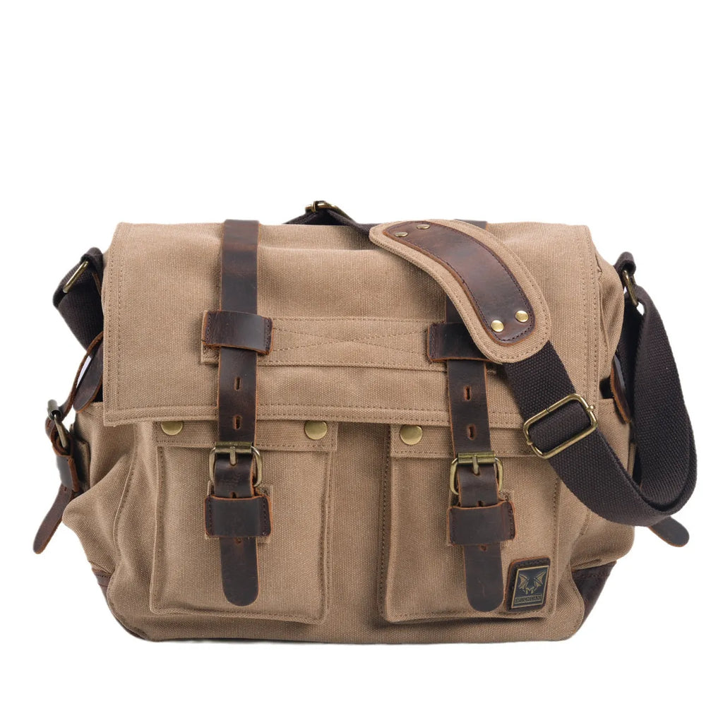 Men's brown retro canvas crossbody bag with a flap closure and a single shoulder strap.