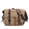 Men's brown retro canvas crossbody bag with a flap closure and a single shoulder strap.