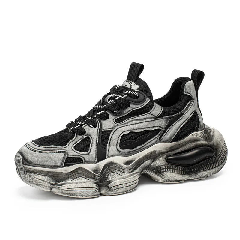Men's black mesh sneakers with platform sole and cross-strap detailing for height increase and sports activities