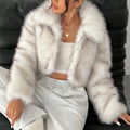 Short-length artificial fur coat with a thick fur collar, shown in one of six available colour options.