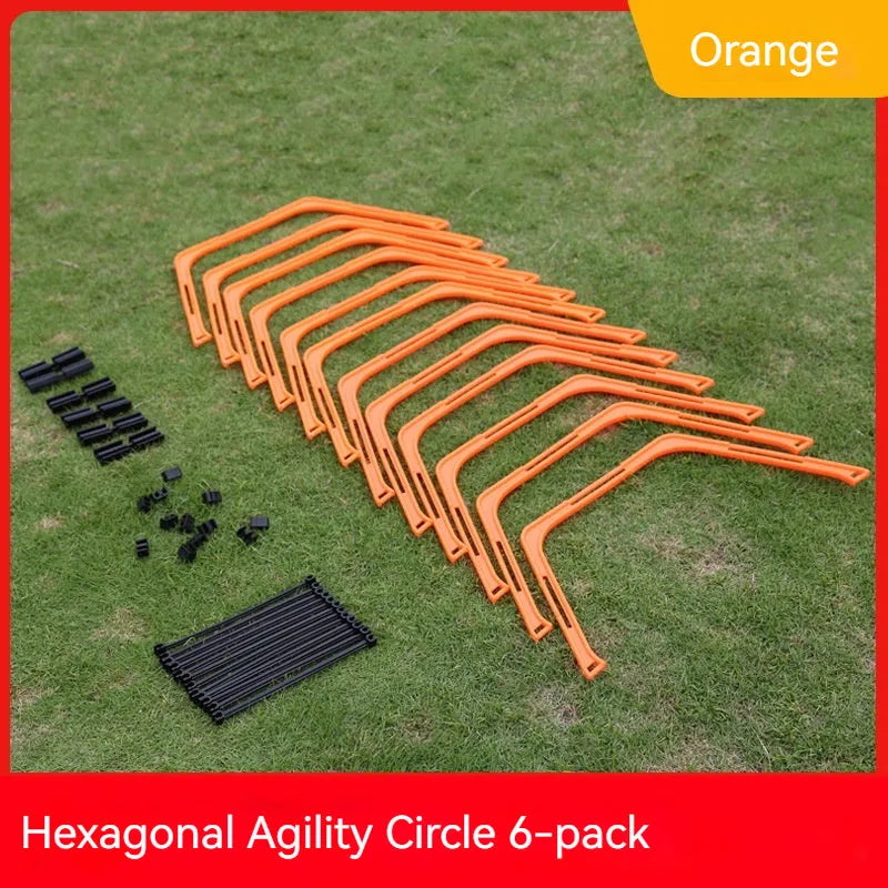 Set of six foldable hexagon football agility training rings in yellow, green, and orange colours