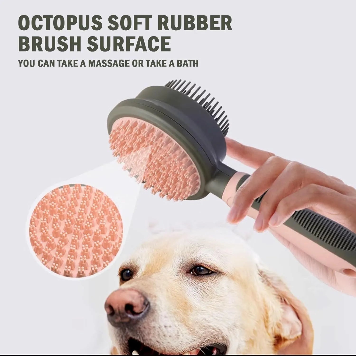 Pink double-sided cat grooming brush with release button next to a flea comb on a white background.