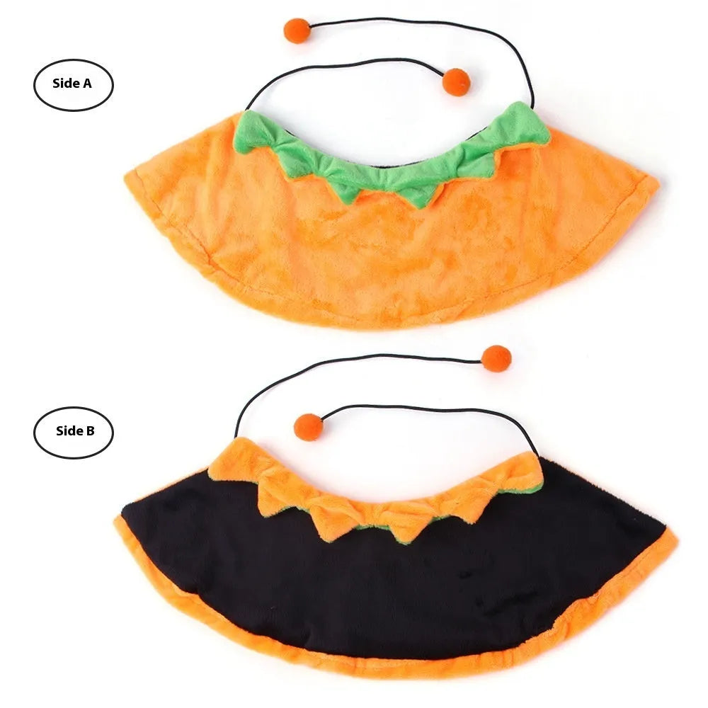 Orange pumpkin-themed plush cloak for dogs and cats with double-sided design