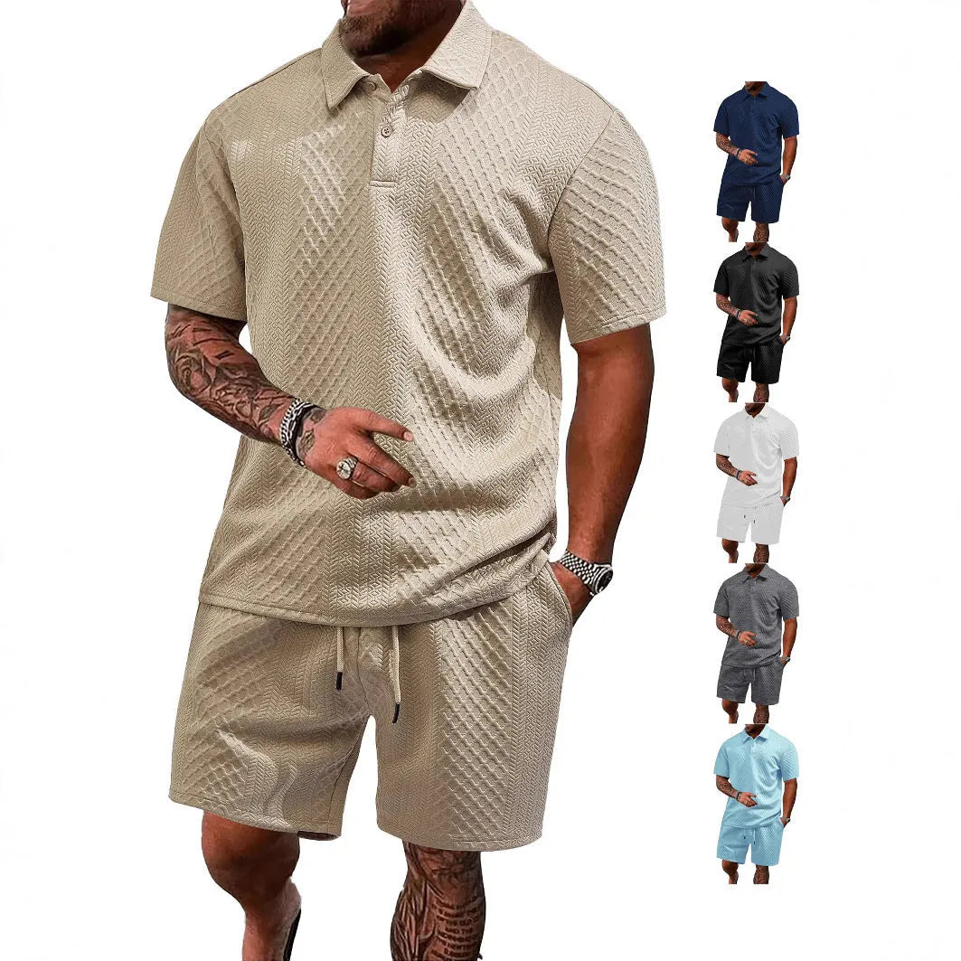 Men's pattern cloth short sleeve suit set in sports leisure style with polo shirt and trousers