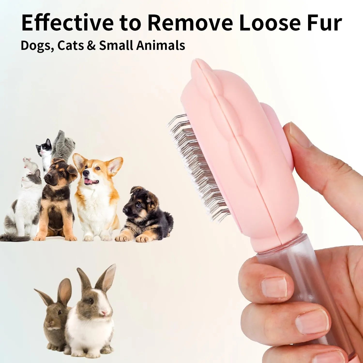 Grey spray cat brush with a release button and water tank for grooming pets.