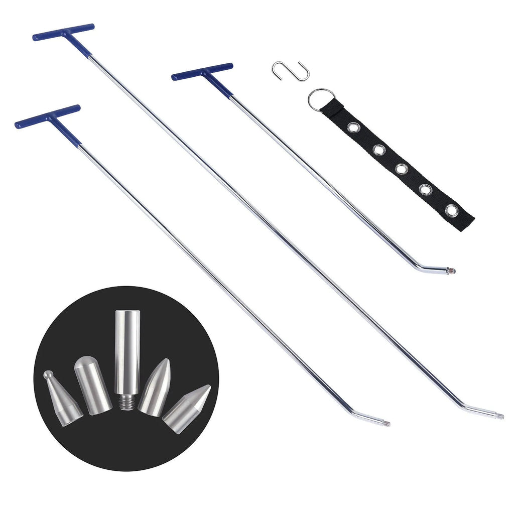 Three alloy steel hook crowbars for car dent repair and body panel restoration