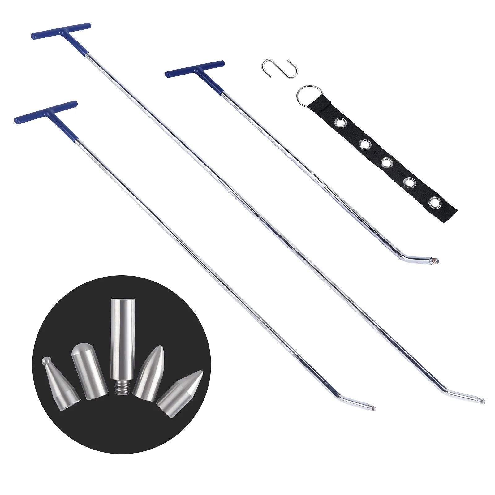 Three alloy steel hook crowbars for car dent repair and body panel restoration