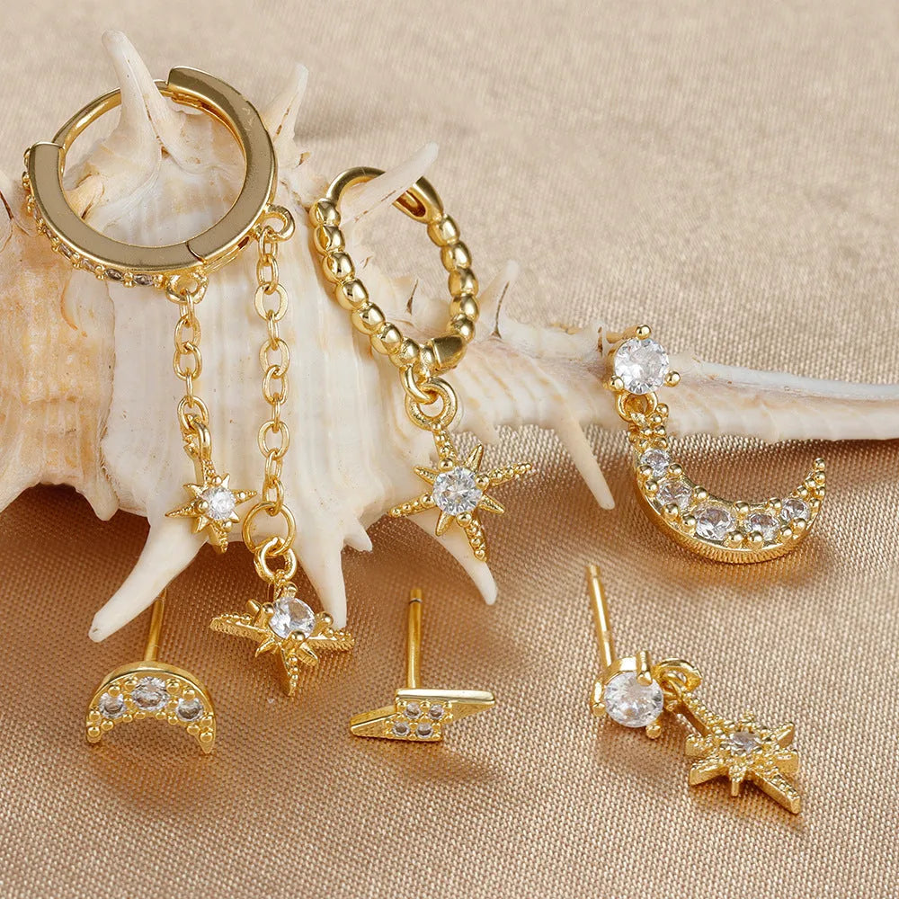 Six gold electroplated chain tassel earrings with zircon studs on copper base