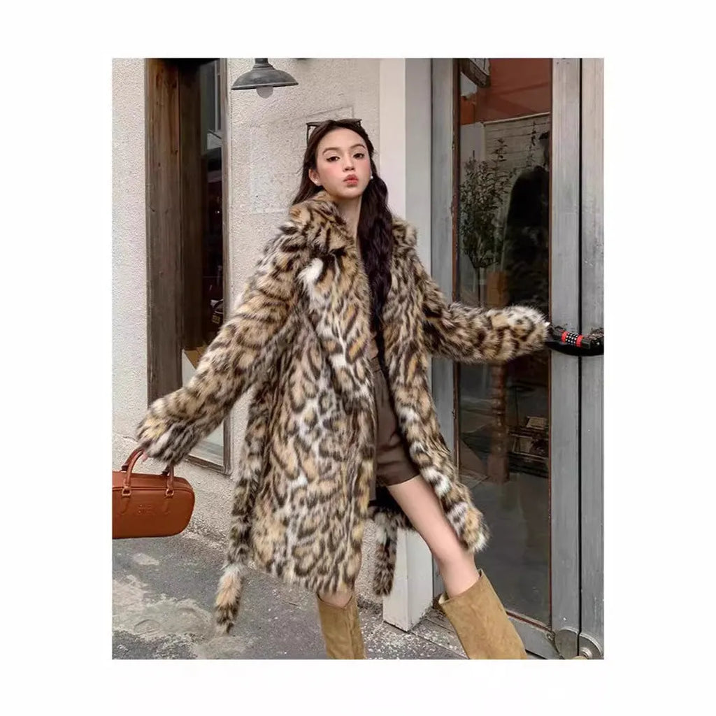Street fashion faux fur coat with a faux fur collar, shown in mid-length and long styles.