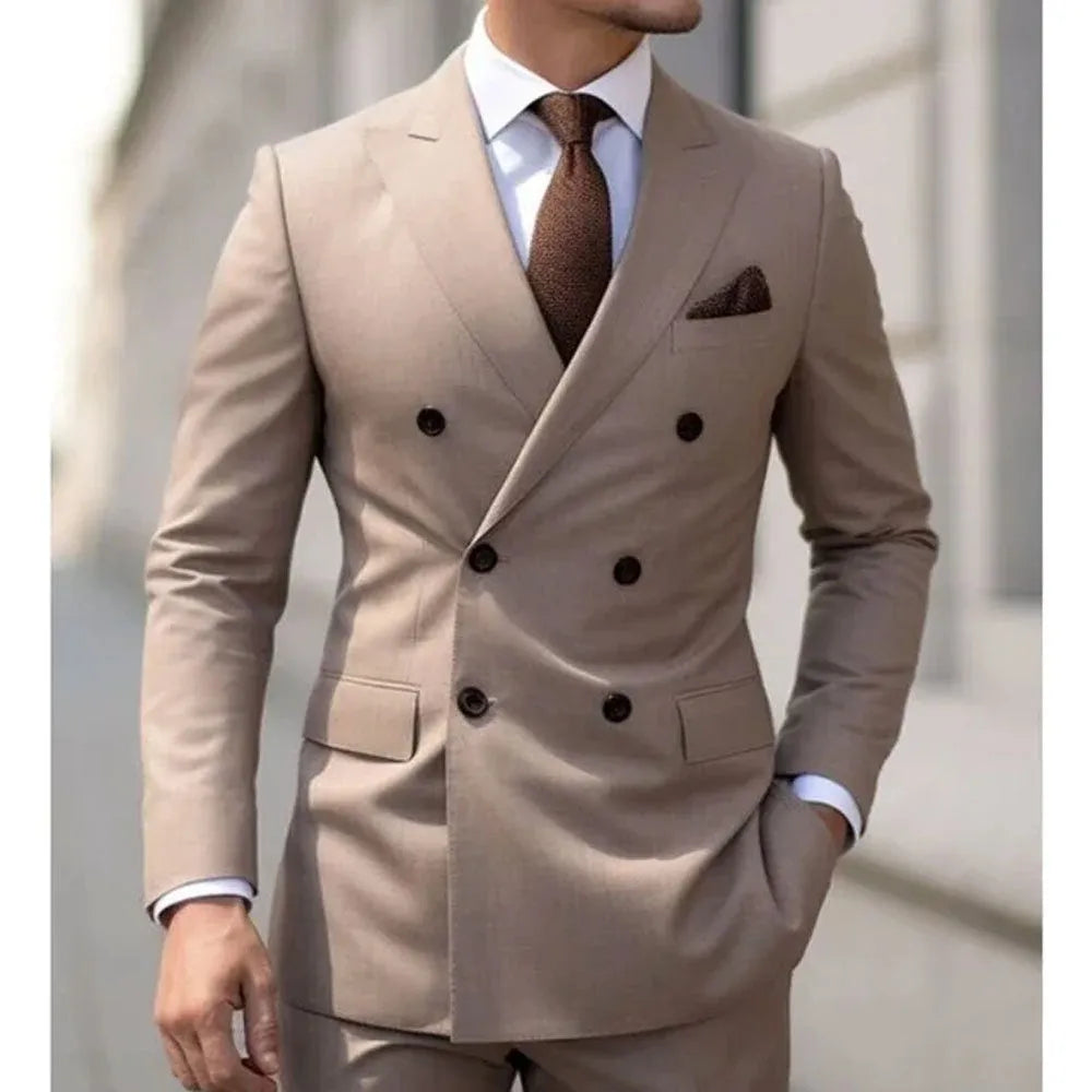 Men's grey Korean style slim fit two-piece business suit on a hanger.