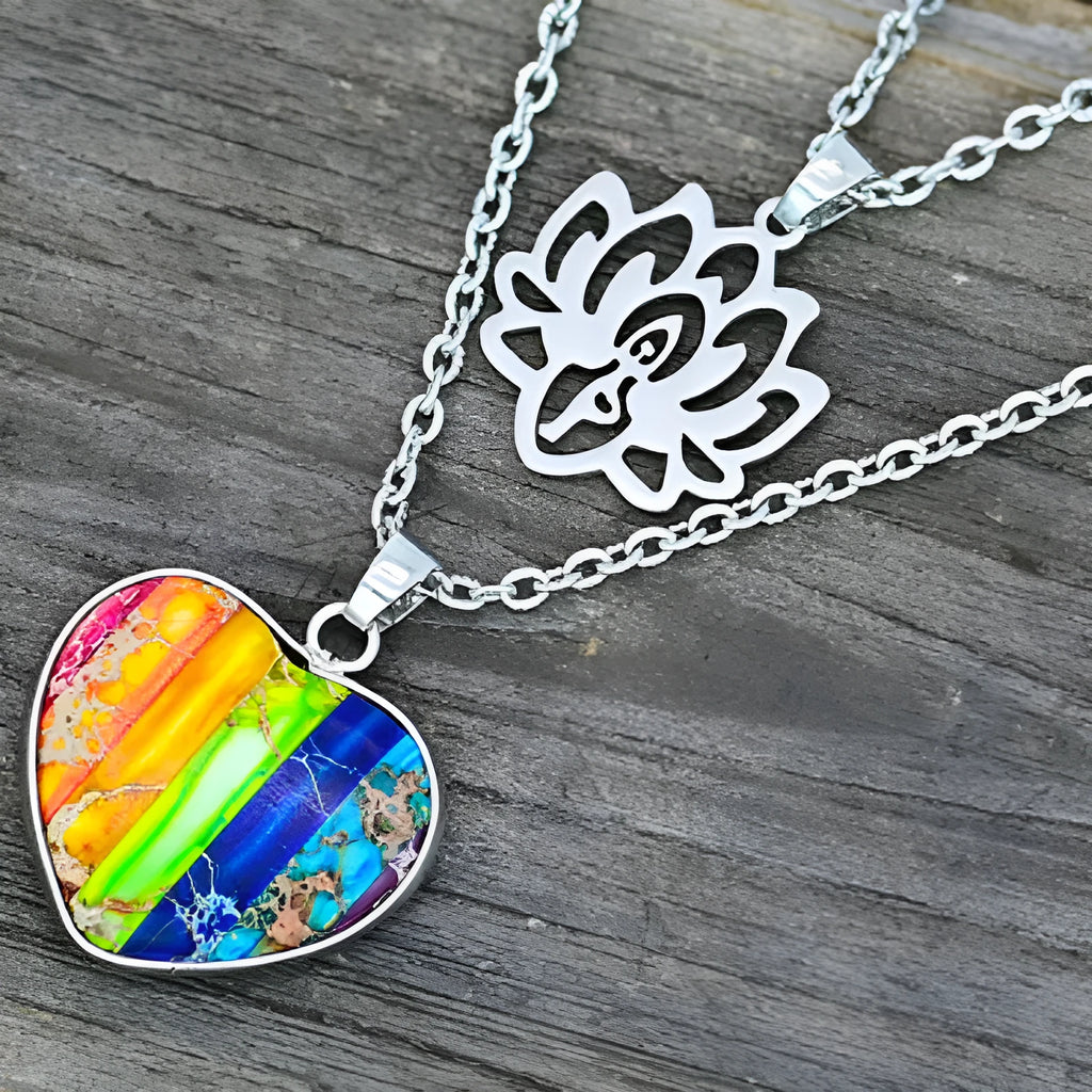 Seven-colour heart-shaped emperor stone lotus double-layer necklace in silver tone on display