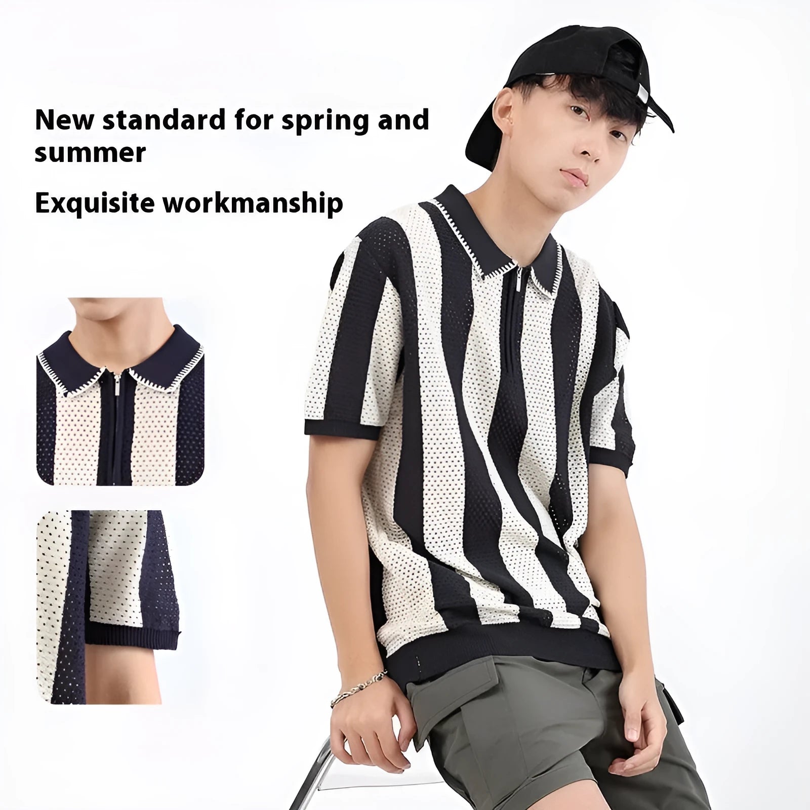 Men's short sleeve striped summer sweater in ice silk viscose fabric with zipper decoration