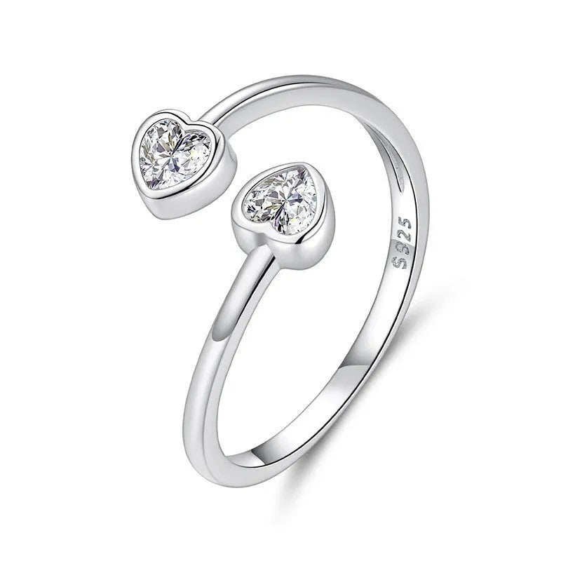S925 sterling silver double heart-shaped open ring for women Valentine gift on plain background