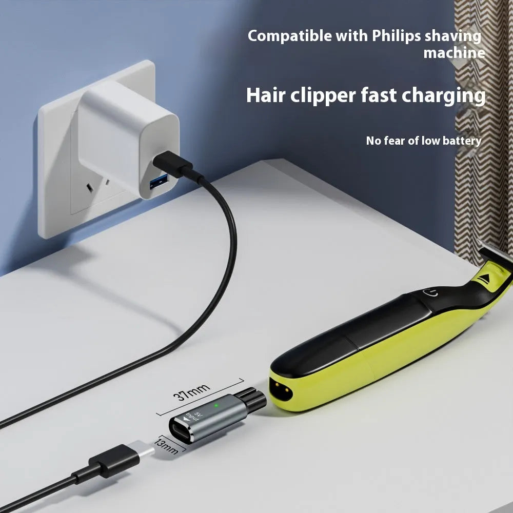 Black aluminium alloy USB-C to DC charging adapter for electric shavers with 4.3V output.