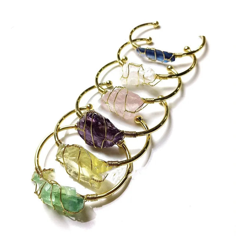 Natural crystal rough stone bracelet with gold winding geometric design and mixed colour bohemian styling