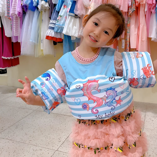 Cartoon children's swimming arm bands with lengthened arm ring design in various patterns including watermelon pineapple and blue crab
