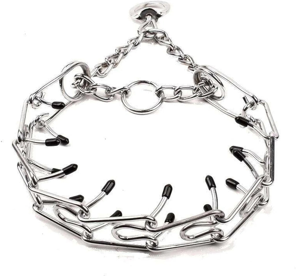 Stainless steel dog prong training collar with comfort rubber tips, shown in adjustable sizes.