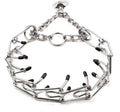 Stainless steel dog prong training collar with comfort rubber tips, shown in adjustable sizes.