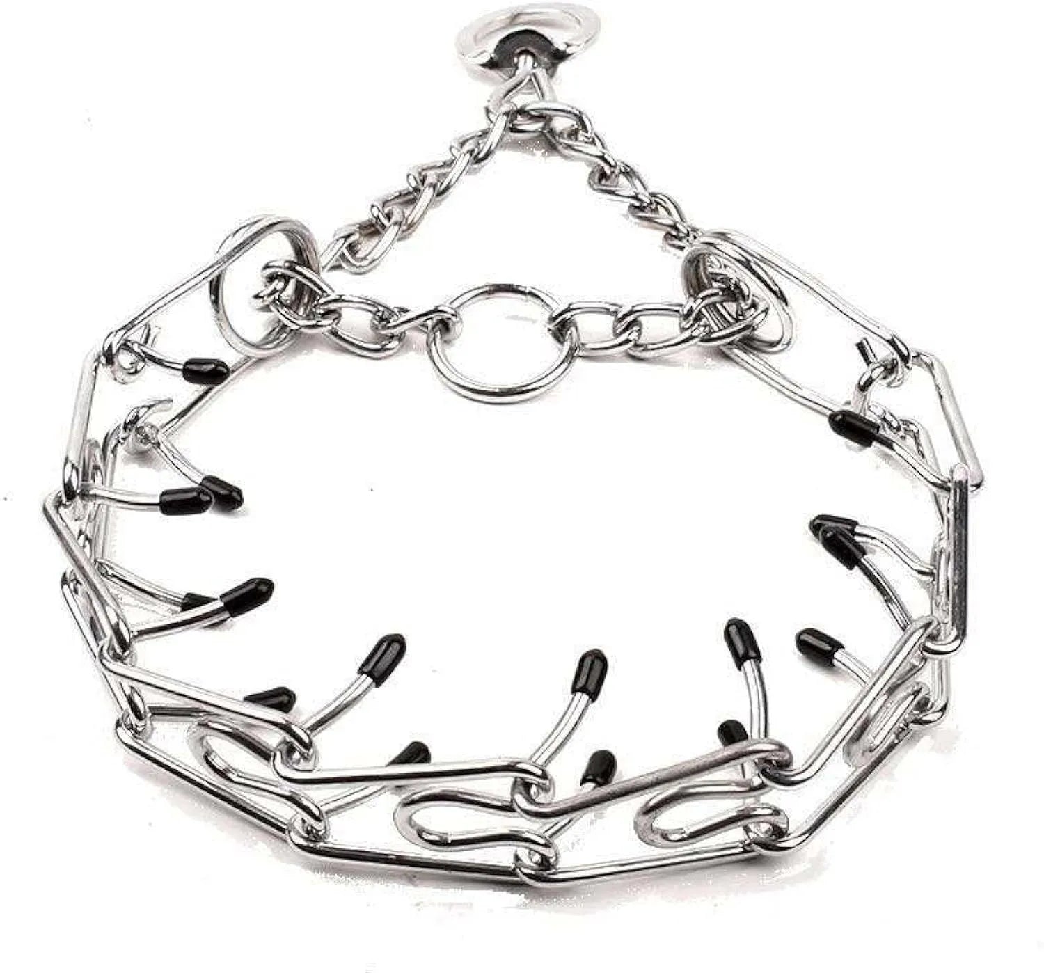 Stainless steel dog prong training collar with comfort rubber tips, shown in adjustable sizes.
