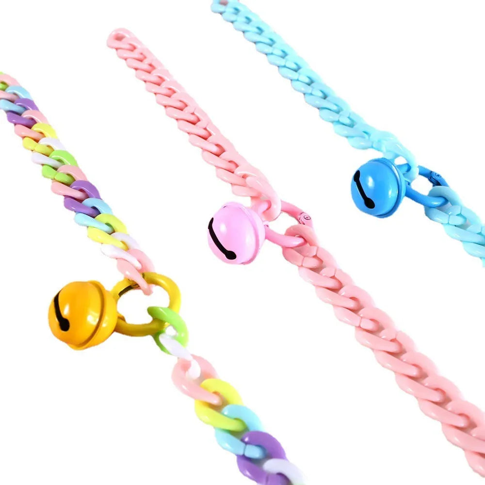 Macaron candy colour plastic chain collar for pets in blue, pink, and mixed colours with S and M size tags.