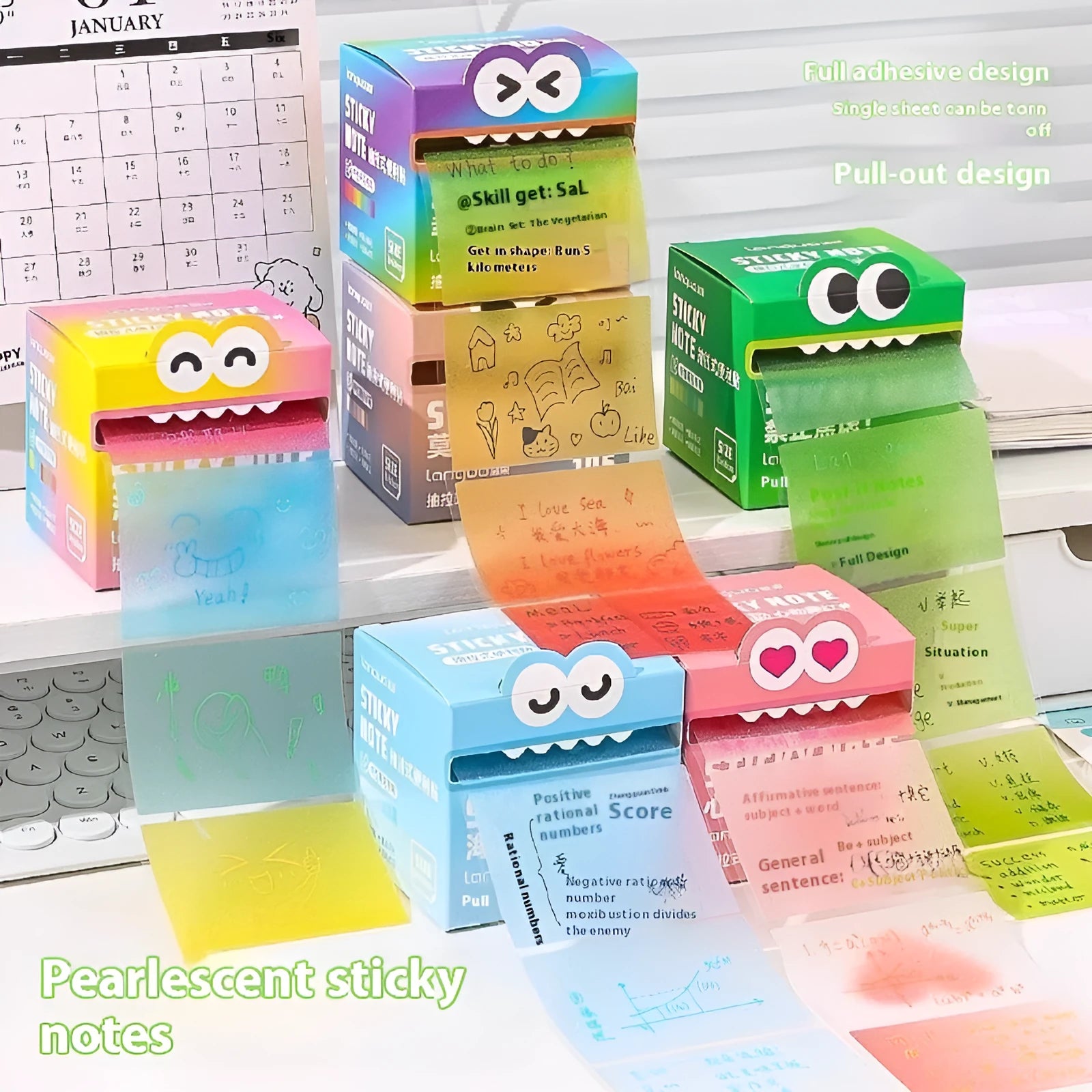 Pearl gradient sticky notes pad with transparent adhesive in one of six colour themes