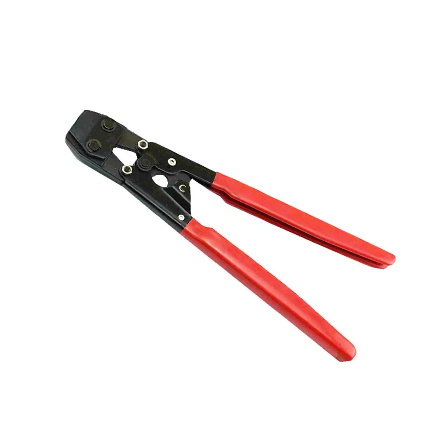Red cloth pouch containing metal PEX clamp tool with single ear mechanism and carbon steel cutting edge