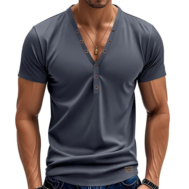 Men's loose thin V-neck sports pullover with button design in polyester blend fabric