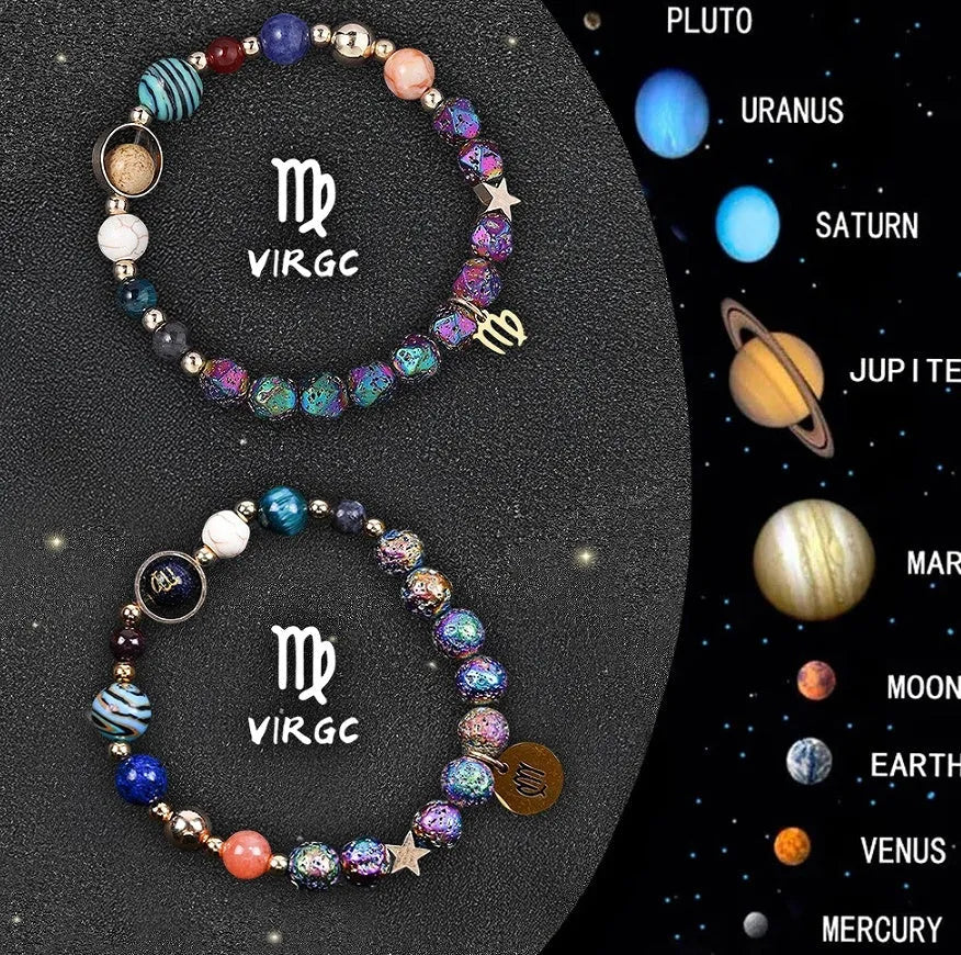 Two natural stone beaded bracelets with zodiac sign charms on a white background