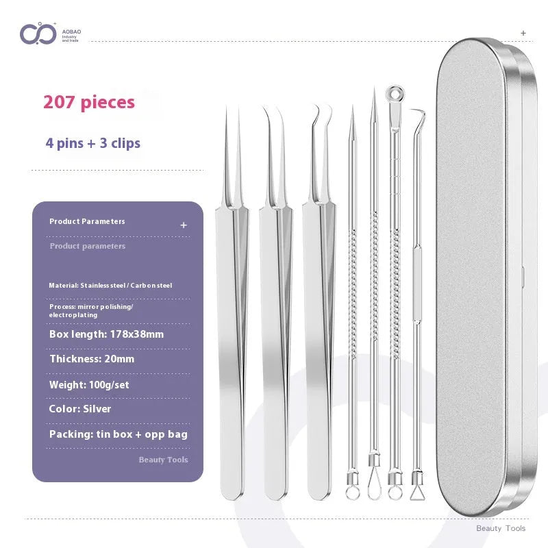 Four metal acne needles with pointed tips arranged on a clean surface.