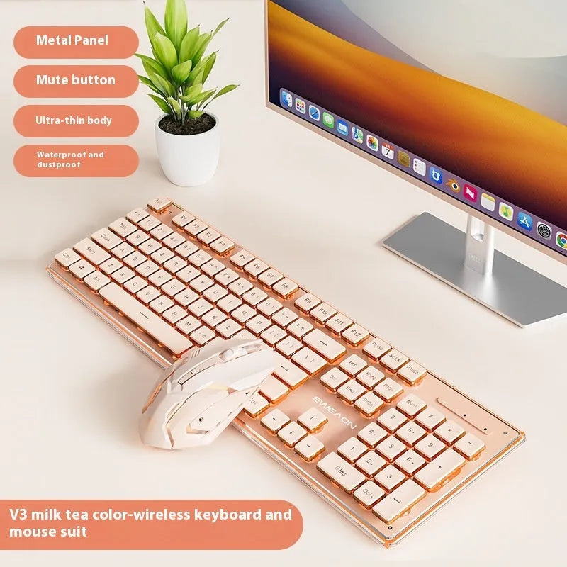 Prewalker V3 mute mechanical feeling keyboard and mouse set in retro green colour on a desk.
