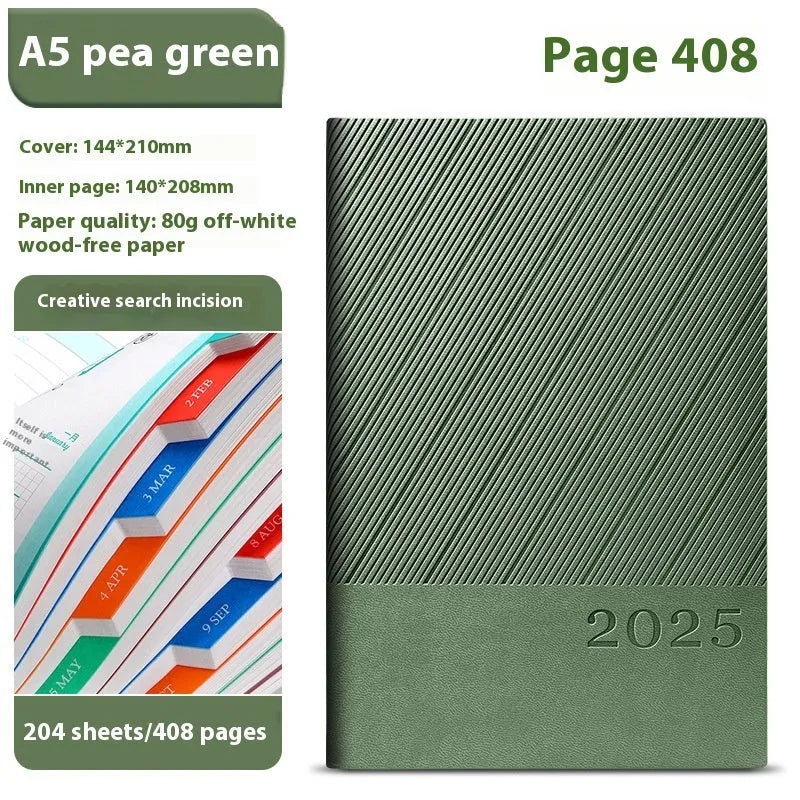 Thick business notepad with striped PU leather cover showing colour options and open pages
