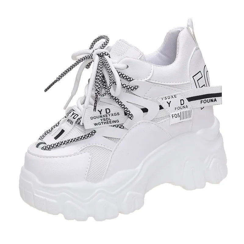 Women's white breathable mesh platform sports shoes with cross strap and rubber sole