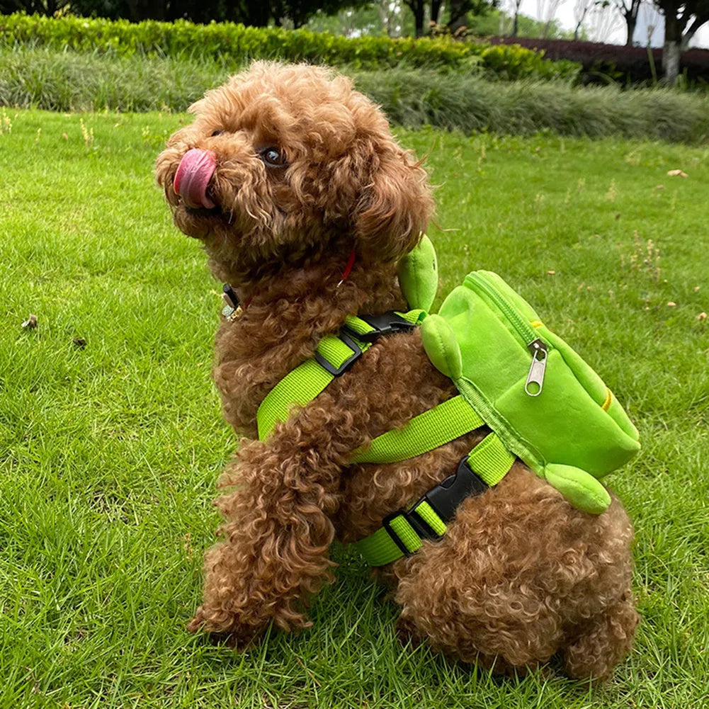 Brown turtle-shaped dog backpack harness with metal zipper functioning as pet carrier and storage