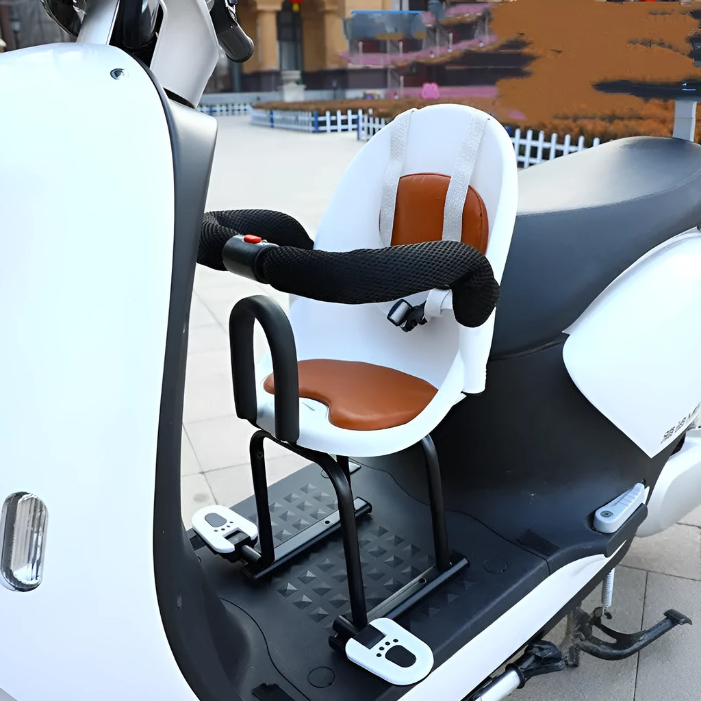 Front child safety seat for electric scooters with high carbon steel frame in black, red, or white colour