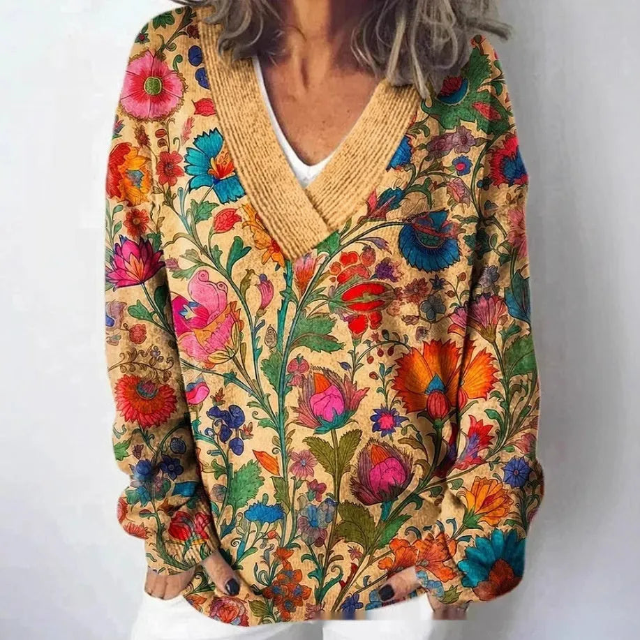 Women's V-neck long sleeve sweatshirt with a raised 3D floral pattern print in art retro style.