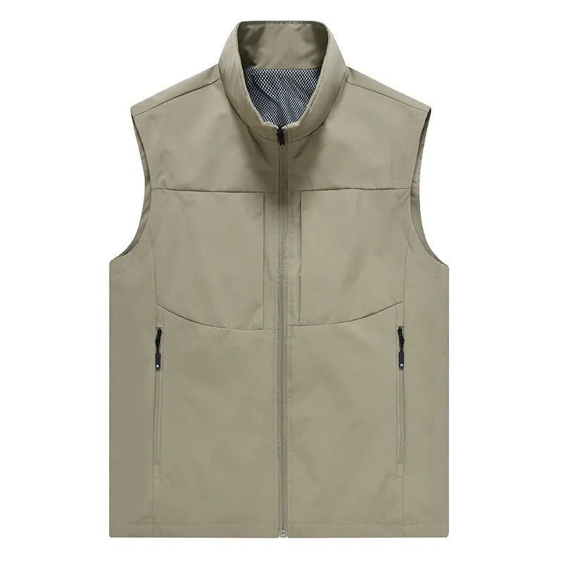 Men's khaki polyester cardigan vest with stand collar and zipper pockets for outdoor wear.