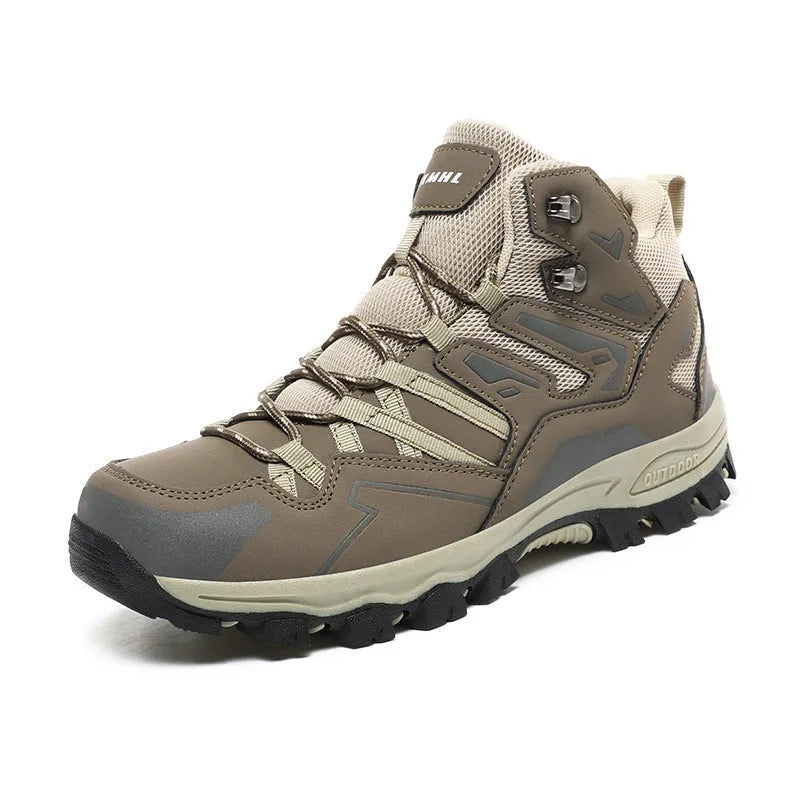Same high-top hiking sneakers in light brown colour with front lace-up design and natural rubber outsole