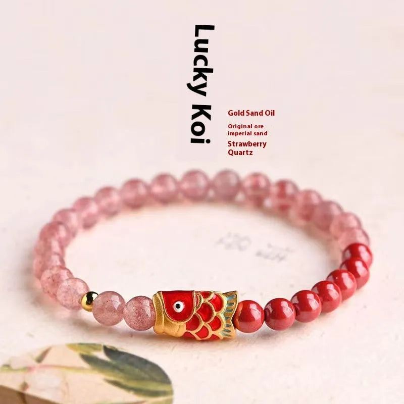 Purple cinnabar and strawberry quartz bracelet with koi and peach blossom retro design