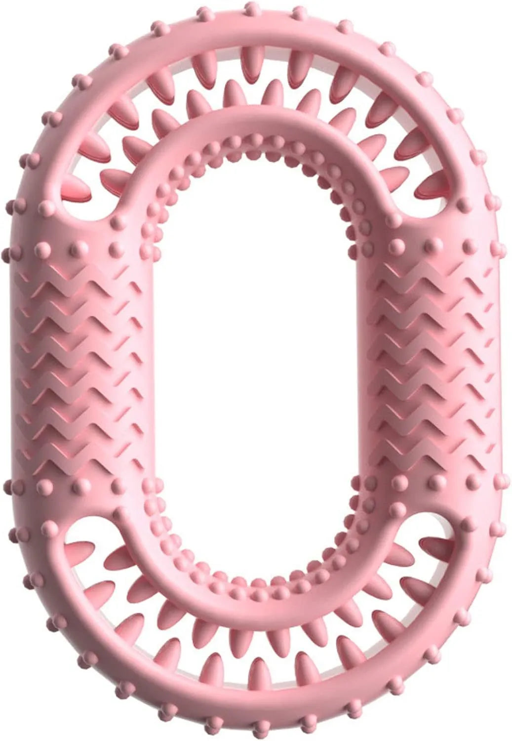 Blue, green, and pink O-ring shaped durable dog chew toy for aggressive chewers.