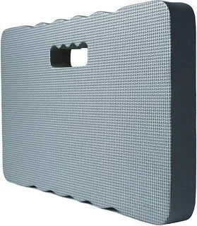 Blue plastic EVA foam garden kneeler pad on grass, showing size and thickness.