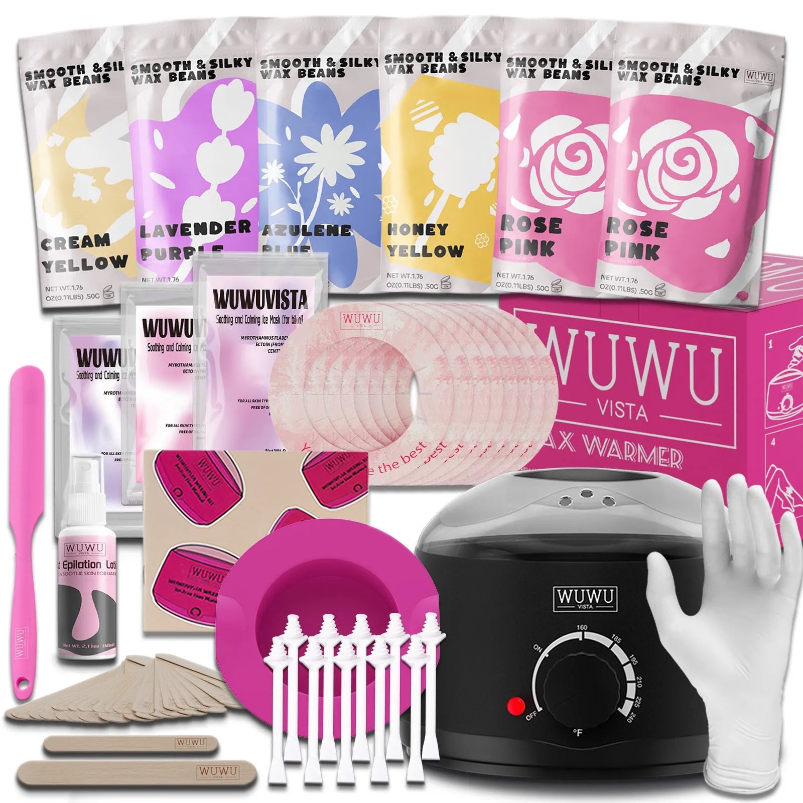 WUWUVISTA professional hard wax hair removal kit with wax warmer, beads, applicators and aftercare products