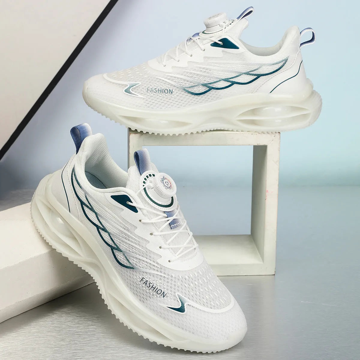 Casual breathable running shoes in sky blue with a PU mesh upper and flat rubber sole.