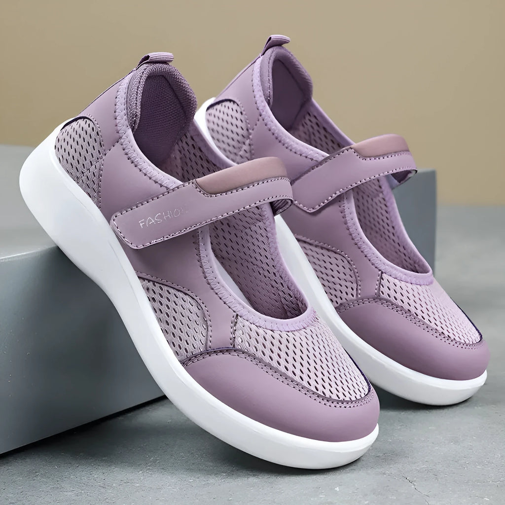 Women's grey mesh casual shoes with velcro fastening and round toe design