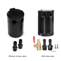 Black automotive aluminium oil pot with two-hole design and optional drain valve for workshop use