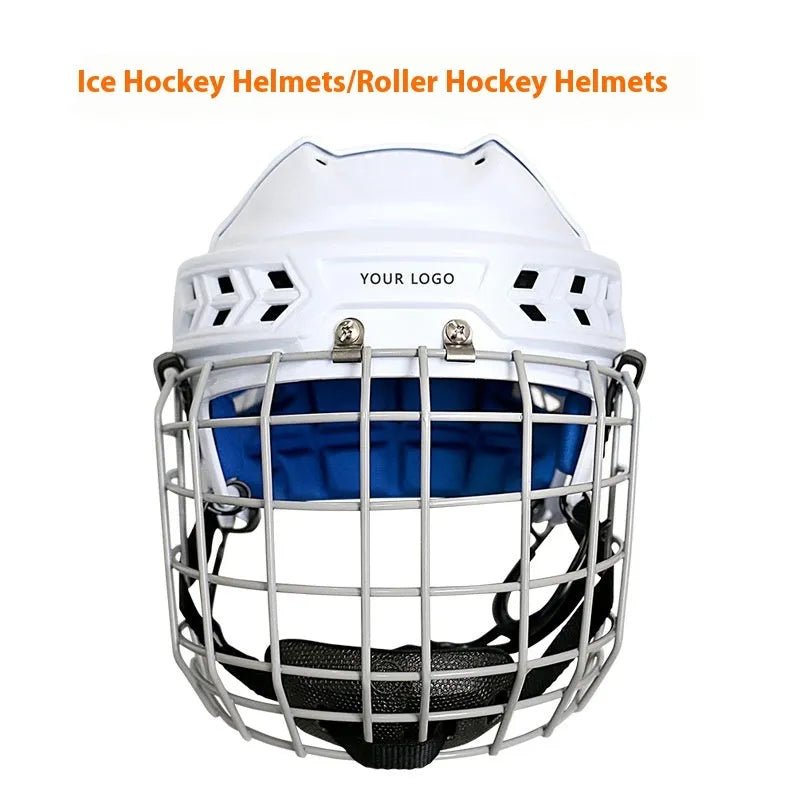 Ice hockey helmet with a carbon steel face mask shown in a size, featuring a hard white shell and cushioned black interior.